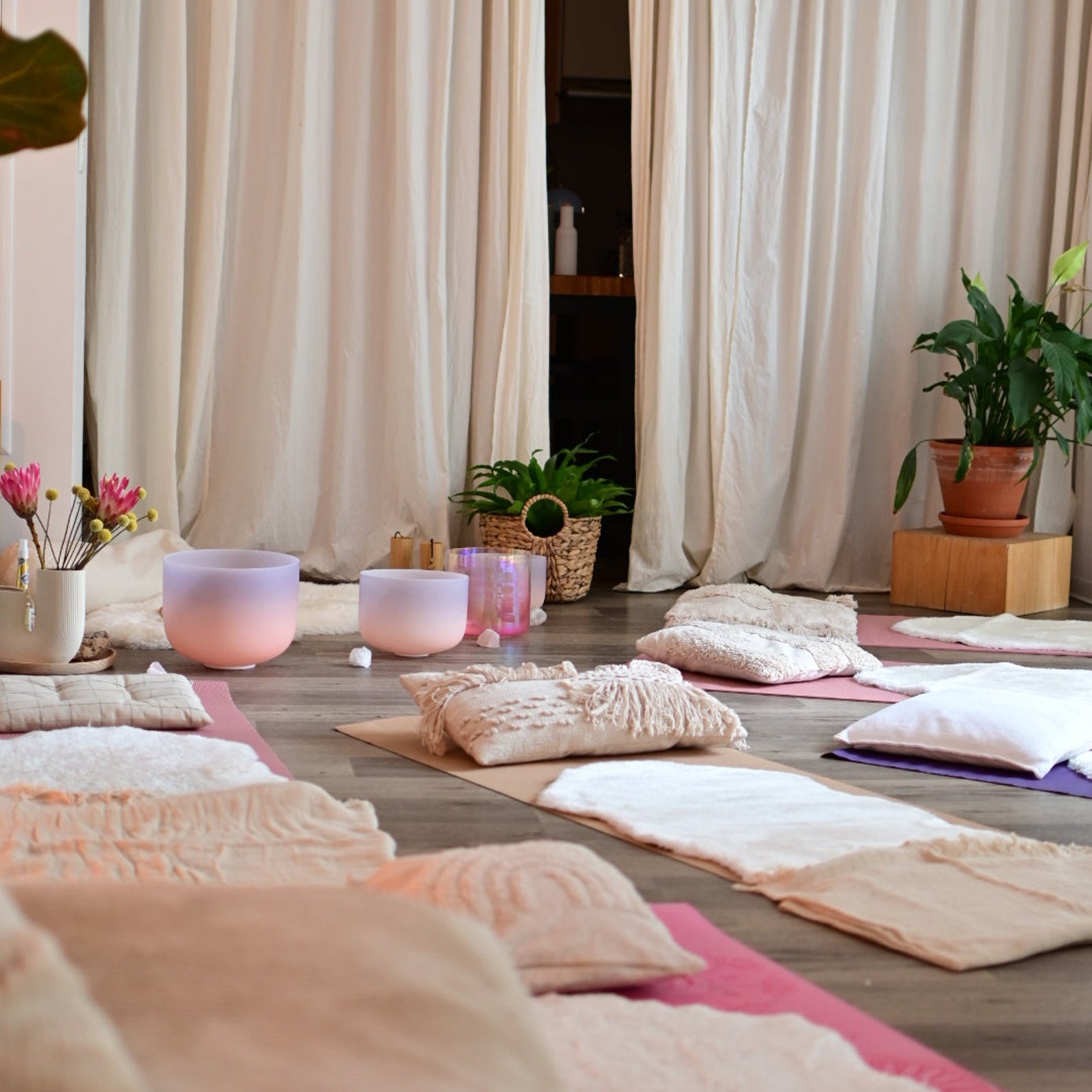 Yoga studio with yoga mats and Cosmic Sound Bowls® 'Driven by the Moon' Frosted Singing Bowls