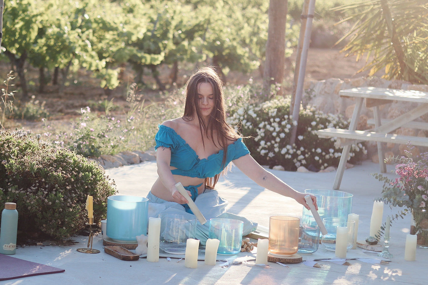 Testimonial Chiara playing her set of Cosmic Singing Bowls